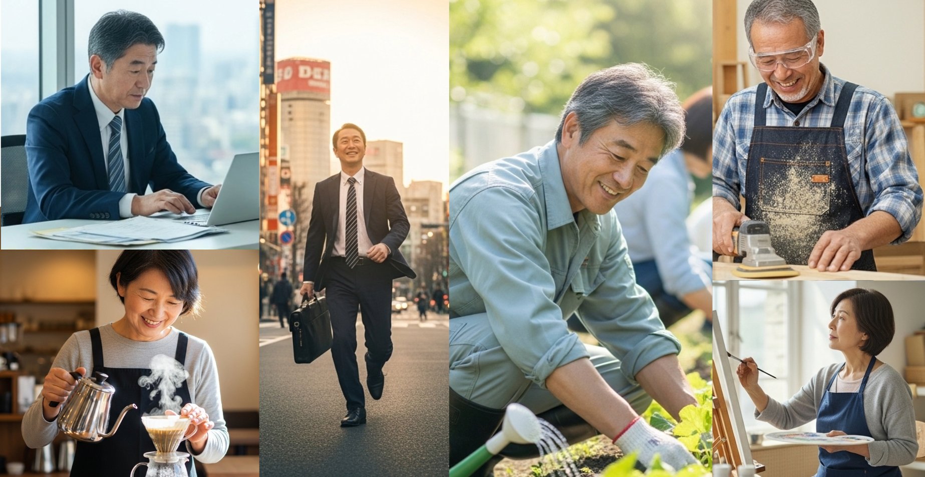 畑仕事、手仕事、オフィスワーク、地域活動など、50代以降の多様な生き方を表現したSTEP50のキービジュアル