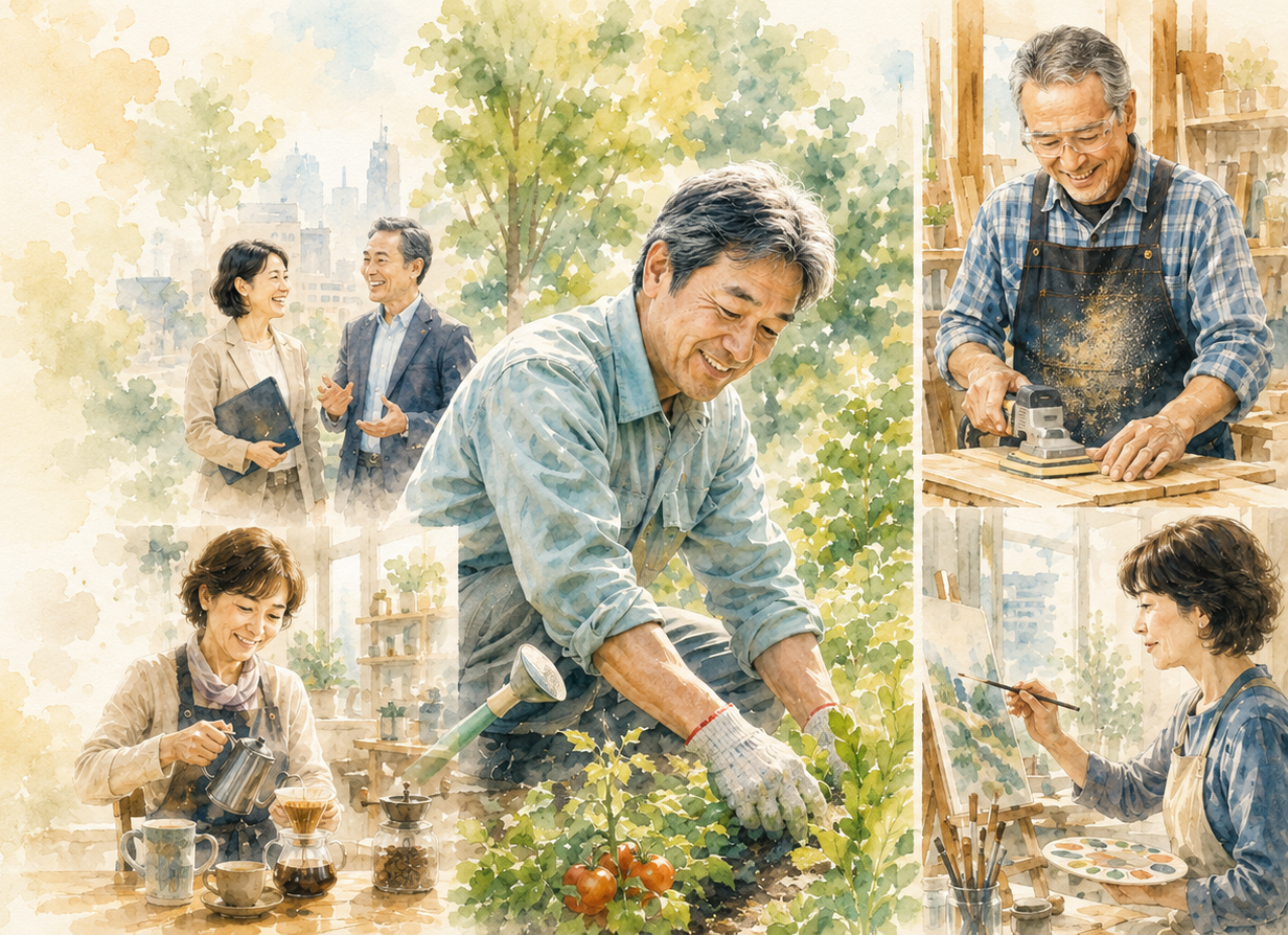 畑仕事、手仕事、オフィスワーク、地域活動など、50代以降の多様な生き方を表現したSTEP50のキービジュアル