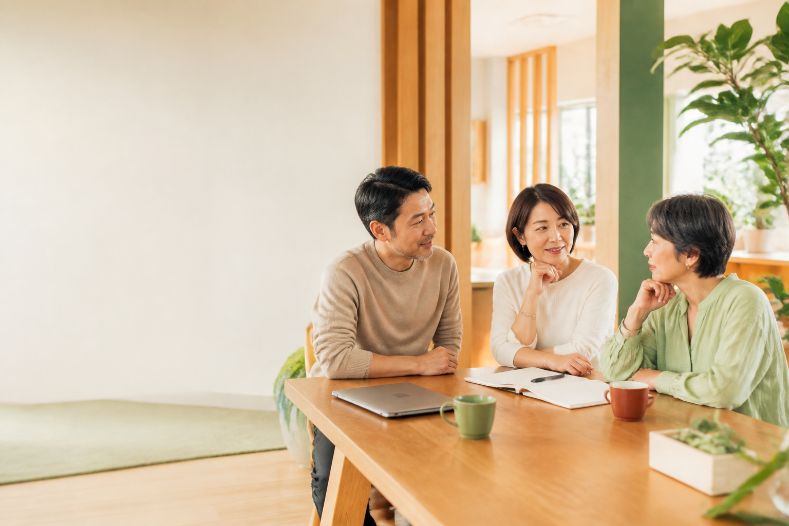 落ち着いた空間で会話を楽しむ同世代の三人